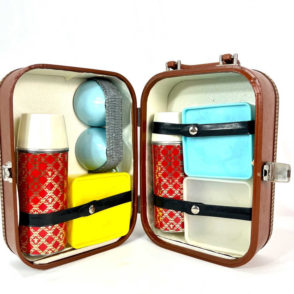 Vintage Modern Picnic Set Retro Cups Dishes Case Cheney